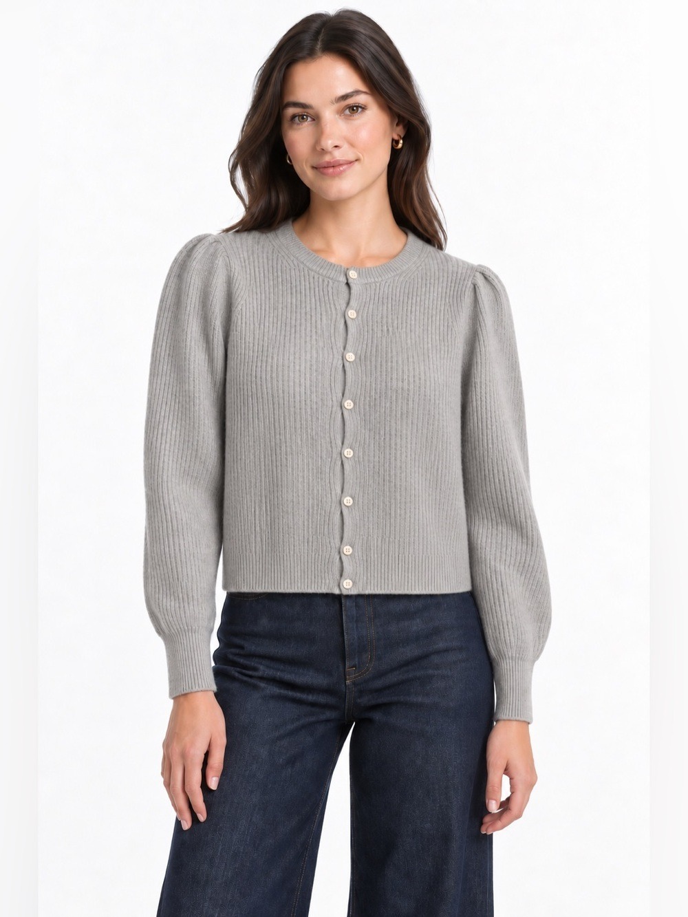 J. Crew Cashmere puff-sleeve cardigan sweater in Gray. Size Small